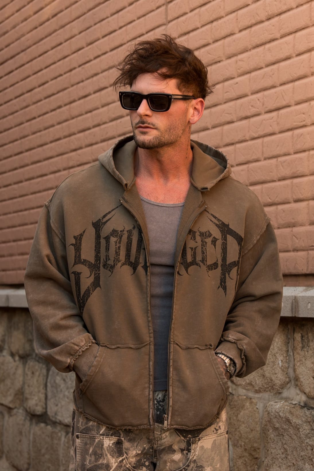 Sudadera Zip-Up YoungLA Hardstyle Olive Wash